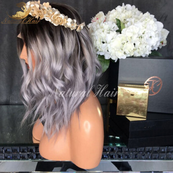 Peruca din par natural short ombre, Saten foarte inchis/blond grey - ondulata