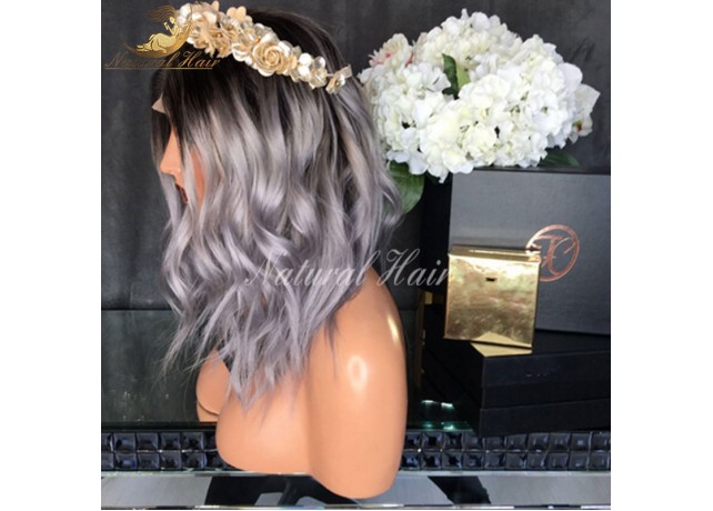 Peruca din par natural short ombre, Saten foarte inchis/blond grey - ondulata Peruca din par natural short ombre, Saten foarte inchis/blond grey - ondulata